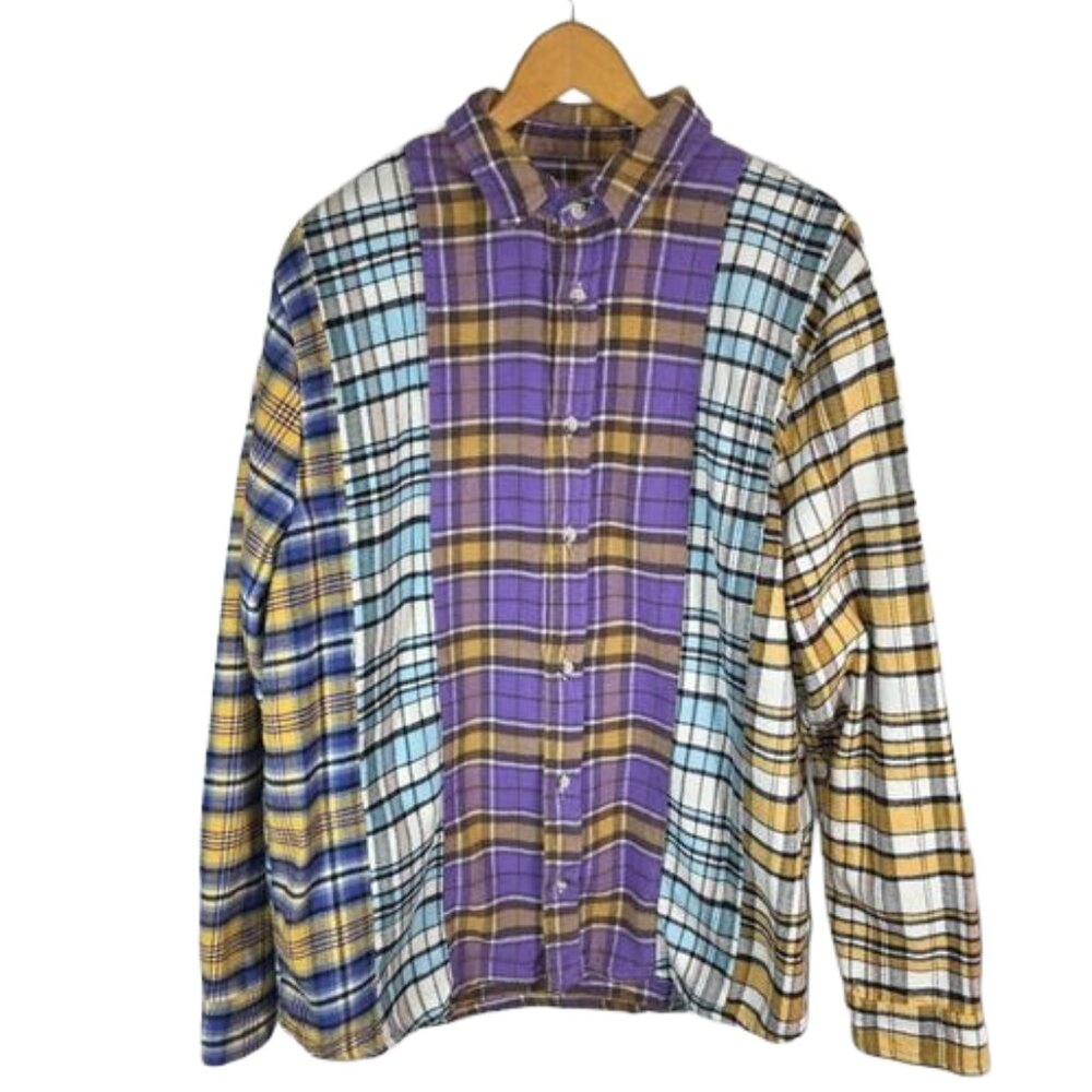 Zara Men Mix Match Flannel Shirt Purple Yellow Blue White Plaid SZ L